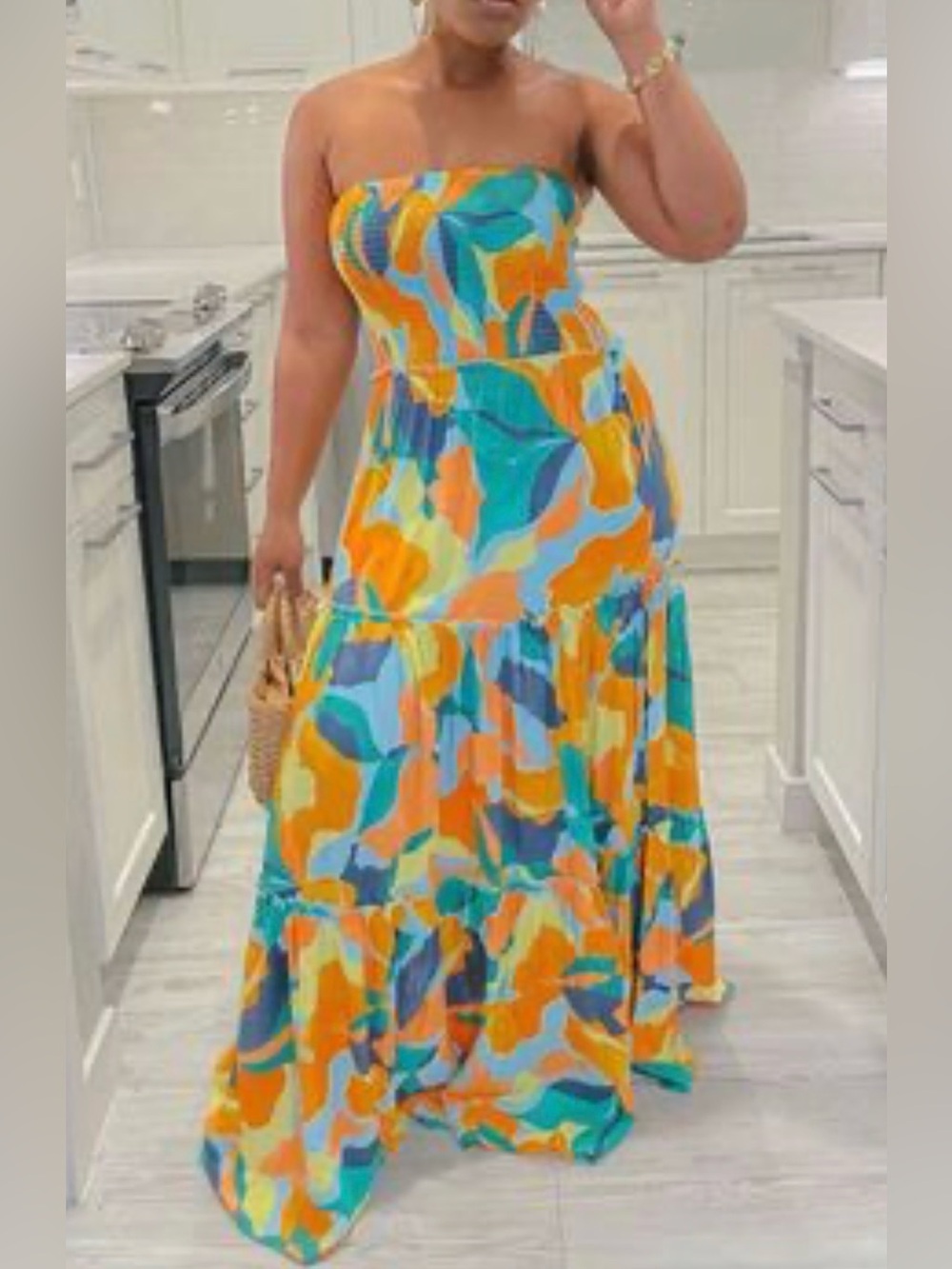 ABEL THE LABEL Anthropologie Abstract Print Strapless Smocked Tier Maxi Dress L